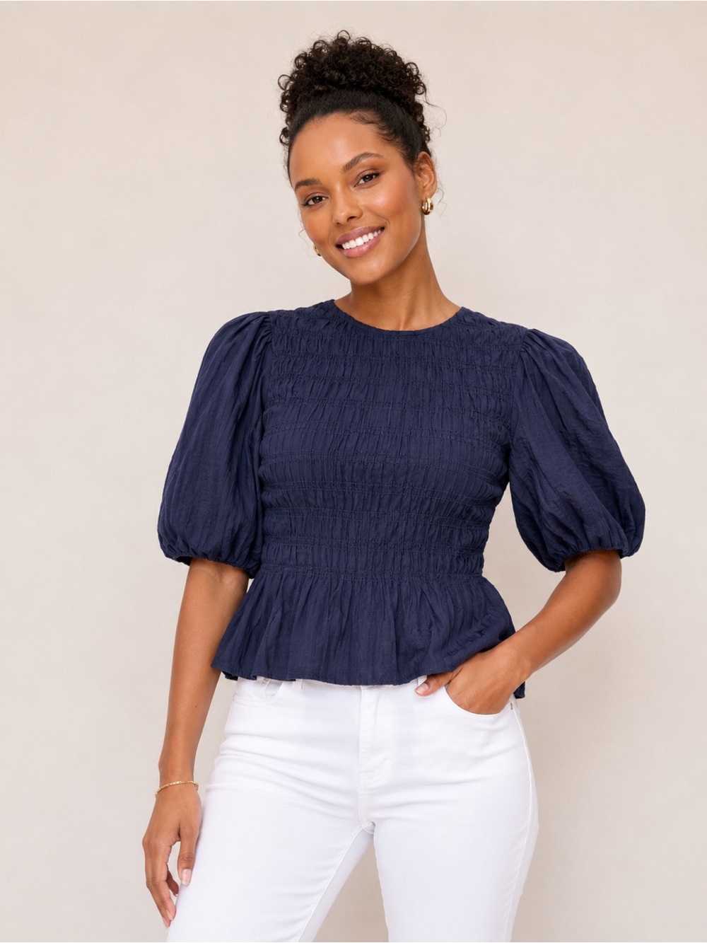 NWT Old Navy Puff Sleeve Peplum Smocked Top Navy Blue Size X-Small